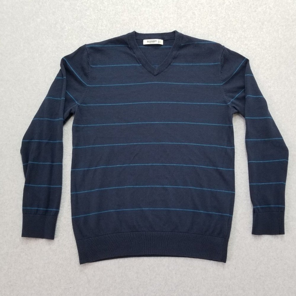 Old Navy Sweater Mens Large Blue Striped Pullover Long Sleeve‎ V Neck